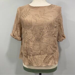 FRNCH Paris S Tan Boho Cuffed Sleeve Burnout Leaf Open Lined Back Blouse Neutral